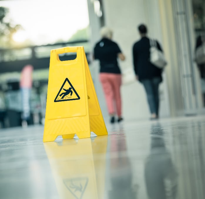 Two people walking past a wet floor sign